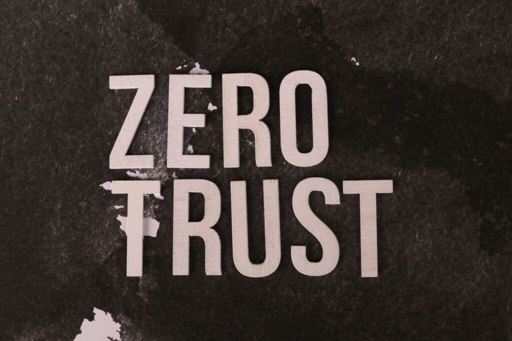 Wooden text reading 'Zero Trust' on a black textured background emphasizing security.